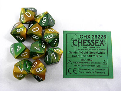 CHX 26225 Gemini Gold-Green/white D10 Dobbelsteen Set (10 stuks)